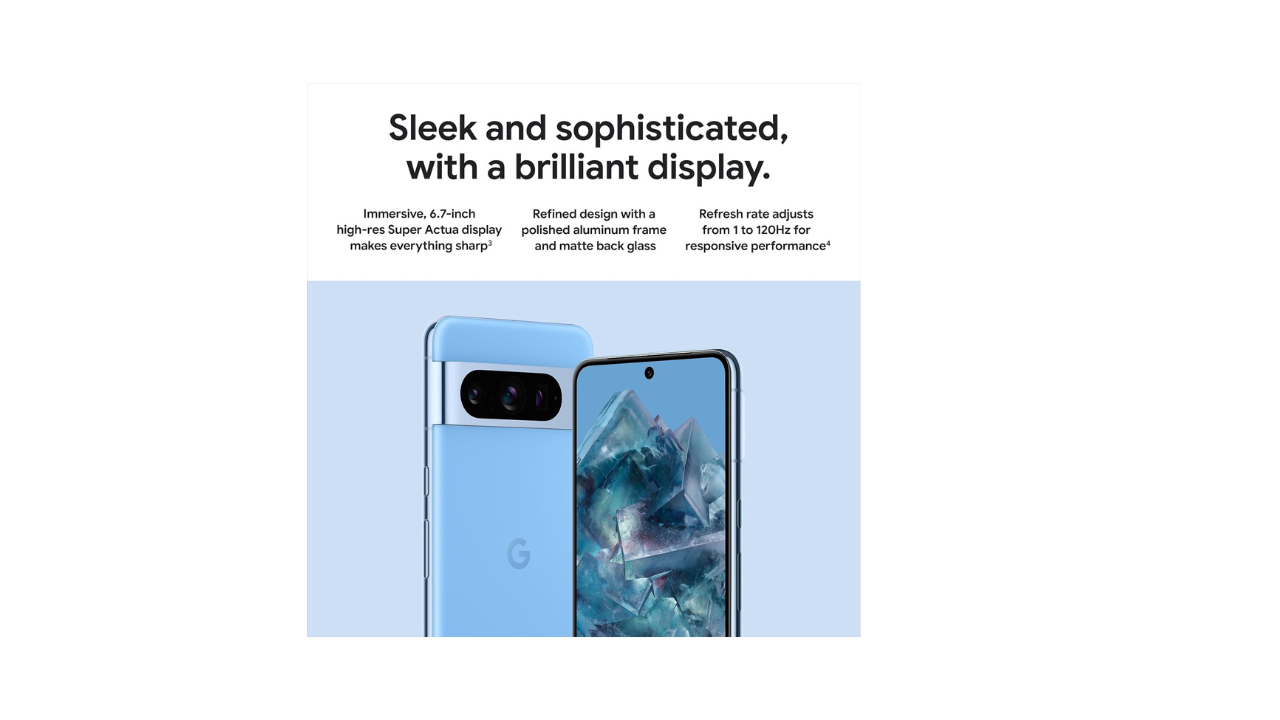 Google Pixel 8 Pro flagship smartphone with premium design, advanced AI features, professional-grade camera system, and bright Super Actua display.