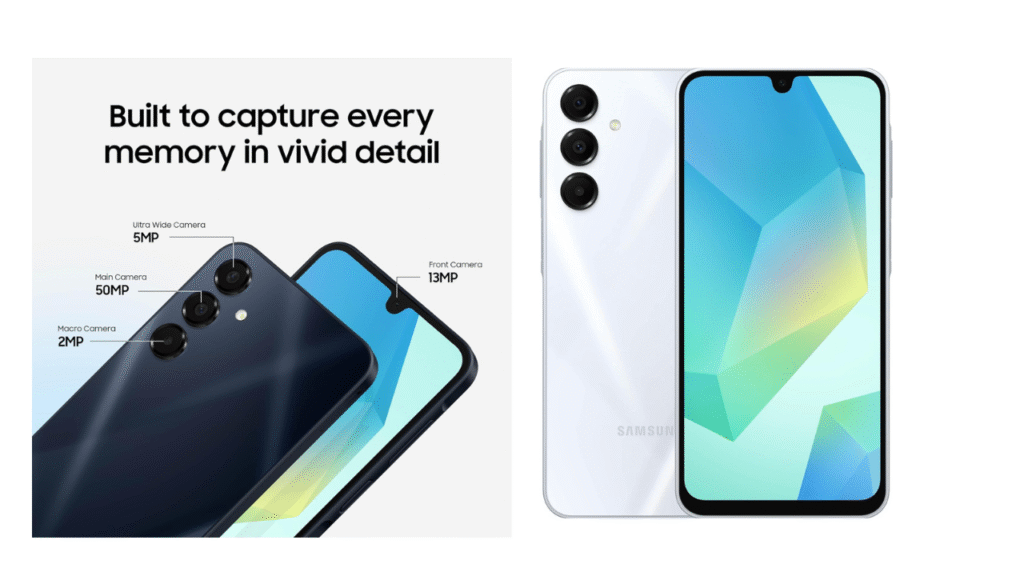 Samsung Galaxy A16 5G in Light Gray with a 6.7-inch AMOLED display, triple-camera system, durable IP54 design, and 2025 A-Series features.