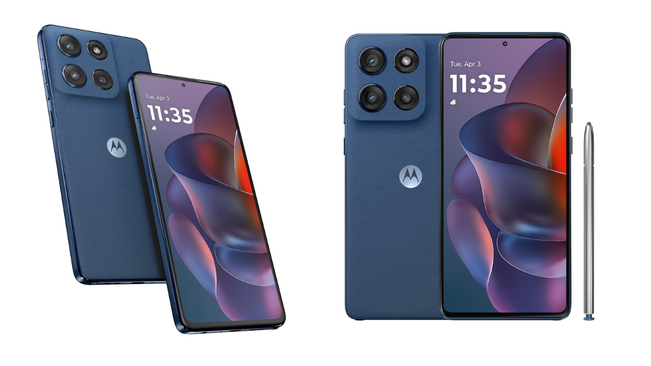 Motorola Moto G Stylus 2025 smartphone with built-in stylus, 6.7-inch pOLED display, Pantone Gibraltar Sea design, and 50MP camera.