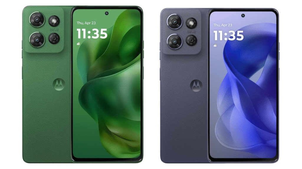 Motorola Moto G 2025 Forest Gray smartphone with 6 point 7 inch display, 50 megapixel camera, vegan leather design, and 5000 mAh battery.