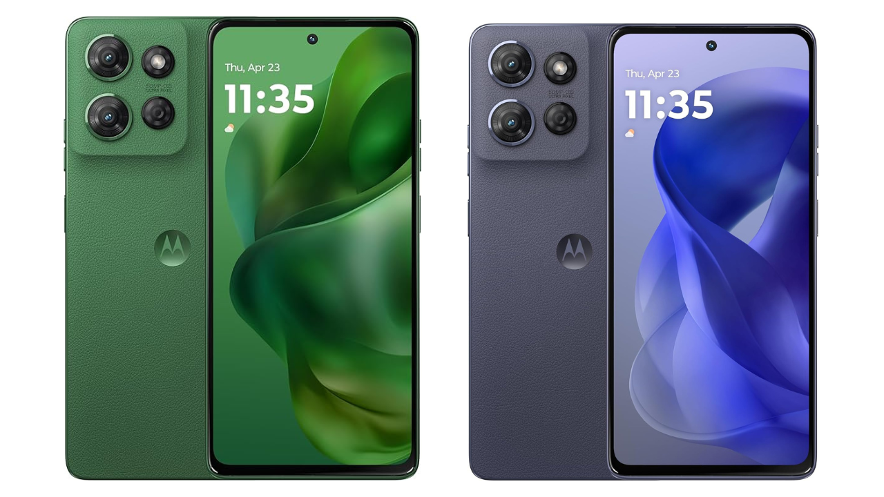 Motorola Moto G 2025 Forest Gray smartphone with 6 point 7 inch display, 50 megapixel camera, vegan leather design, and 5000 mAh battery.